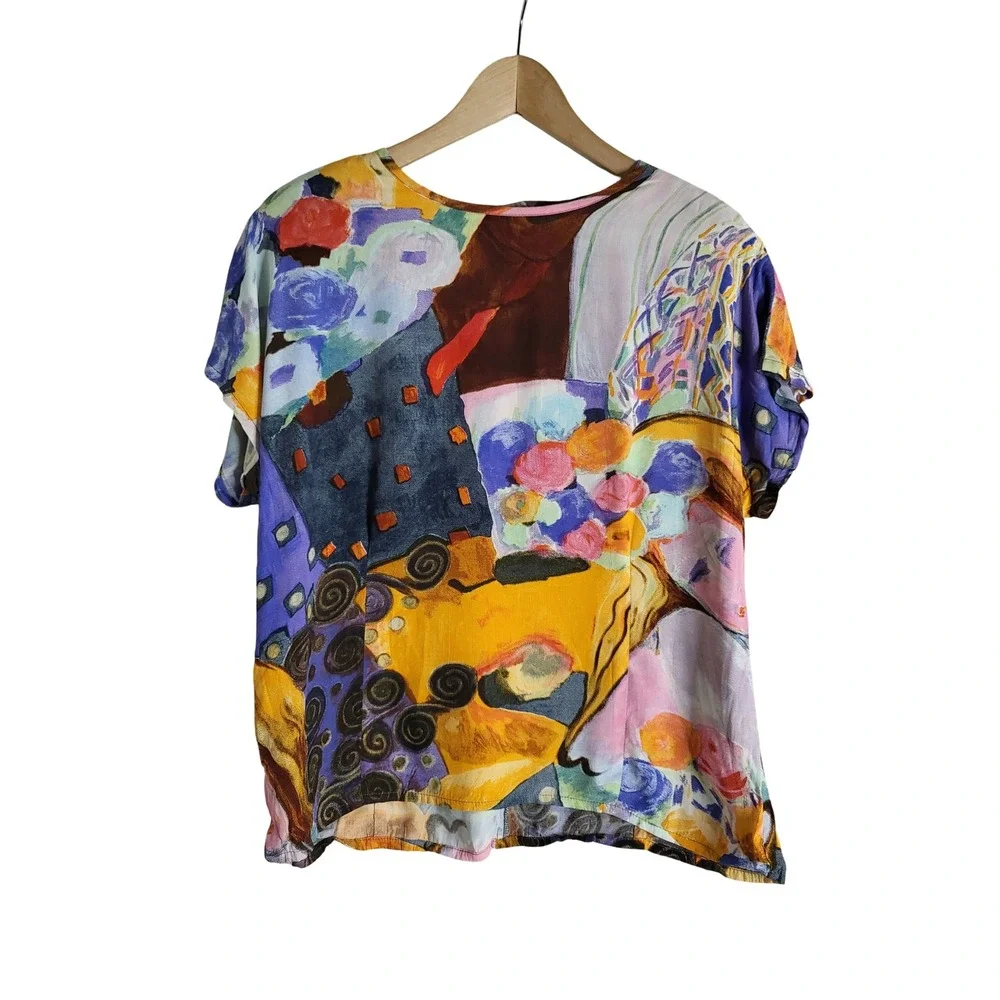 Vintage Carole Little Abstract Art Print Blouse Rayon Crepe Short Sleeve Boho L
